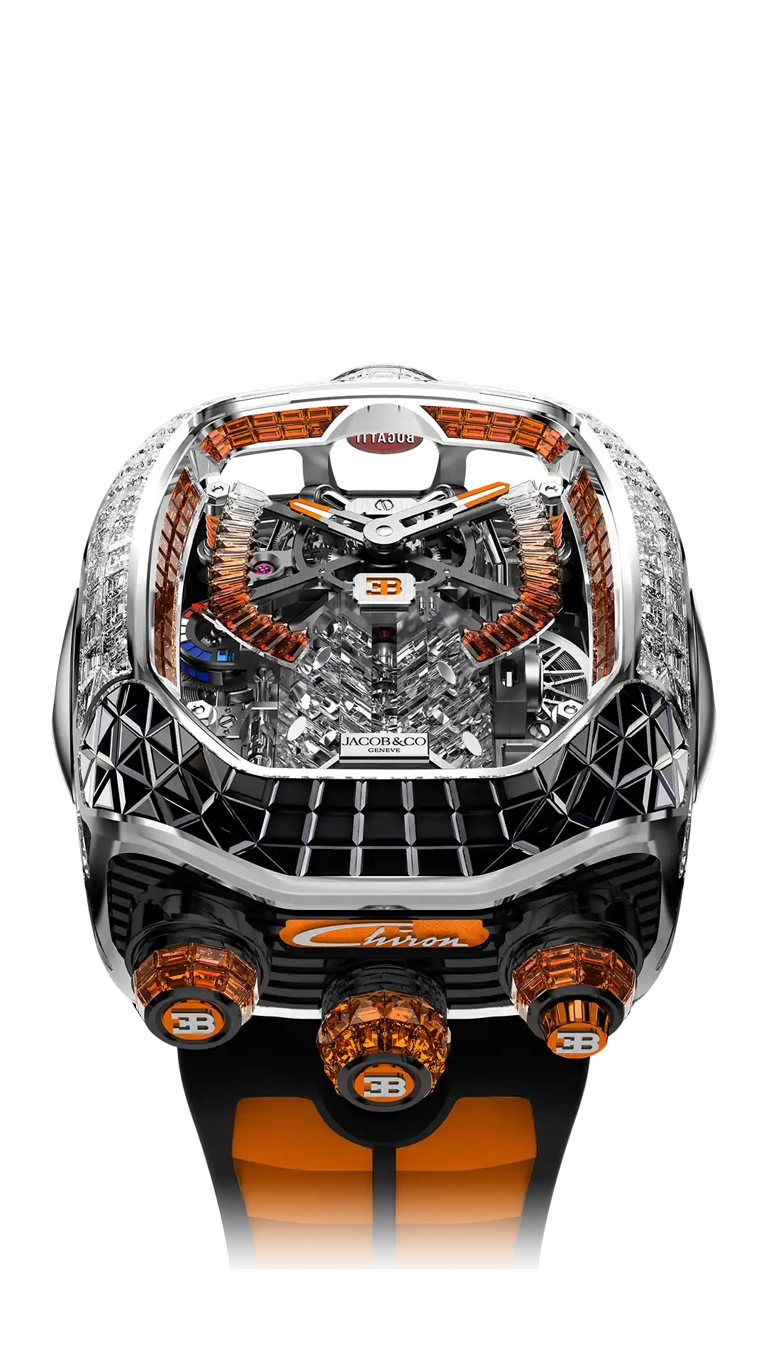 Bugatti Chiron Tourbillon Baguette | Diamonds with Black and Orange Degrade Sapphires Jacob & Co.