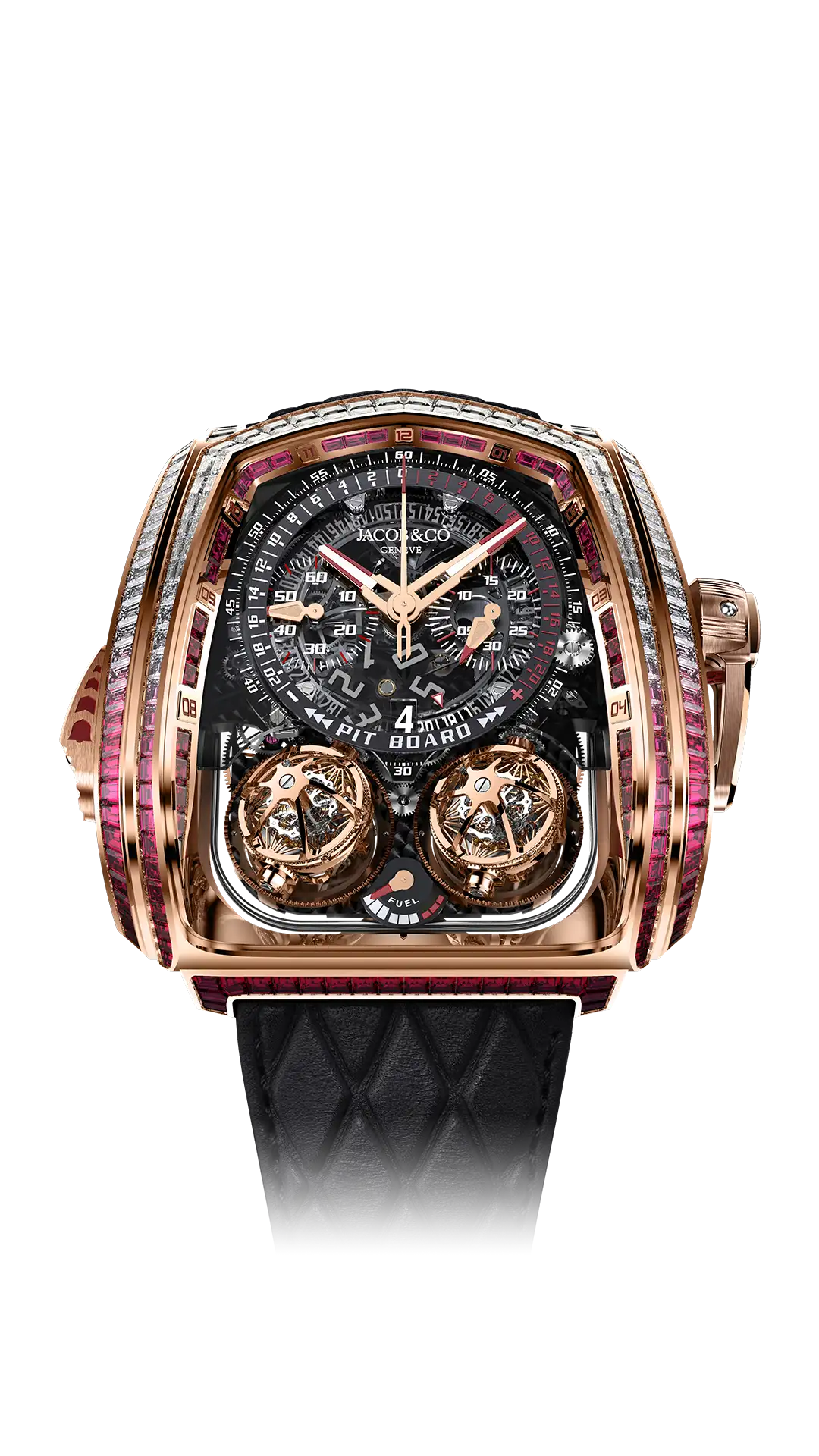 Twin Turbo Furious Baguette | Rose Gold with White Diamonds and Rubies Jacob & Co.