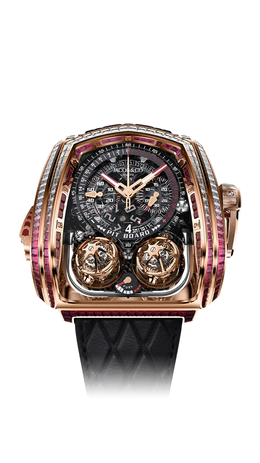 Twin Turbo Furious Baguette |  Rose Gold with White Diamonds and Rubies Jacob & Co.