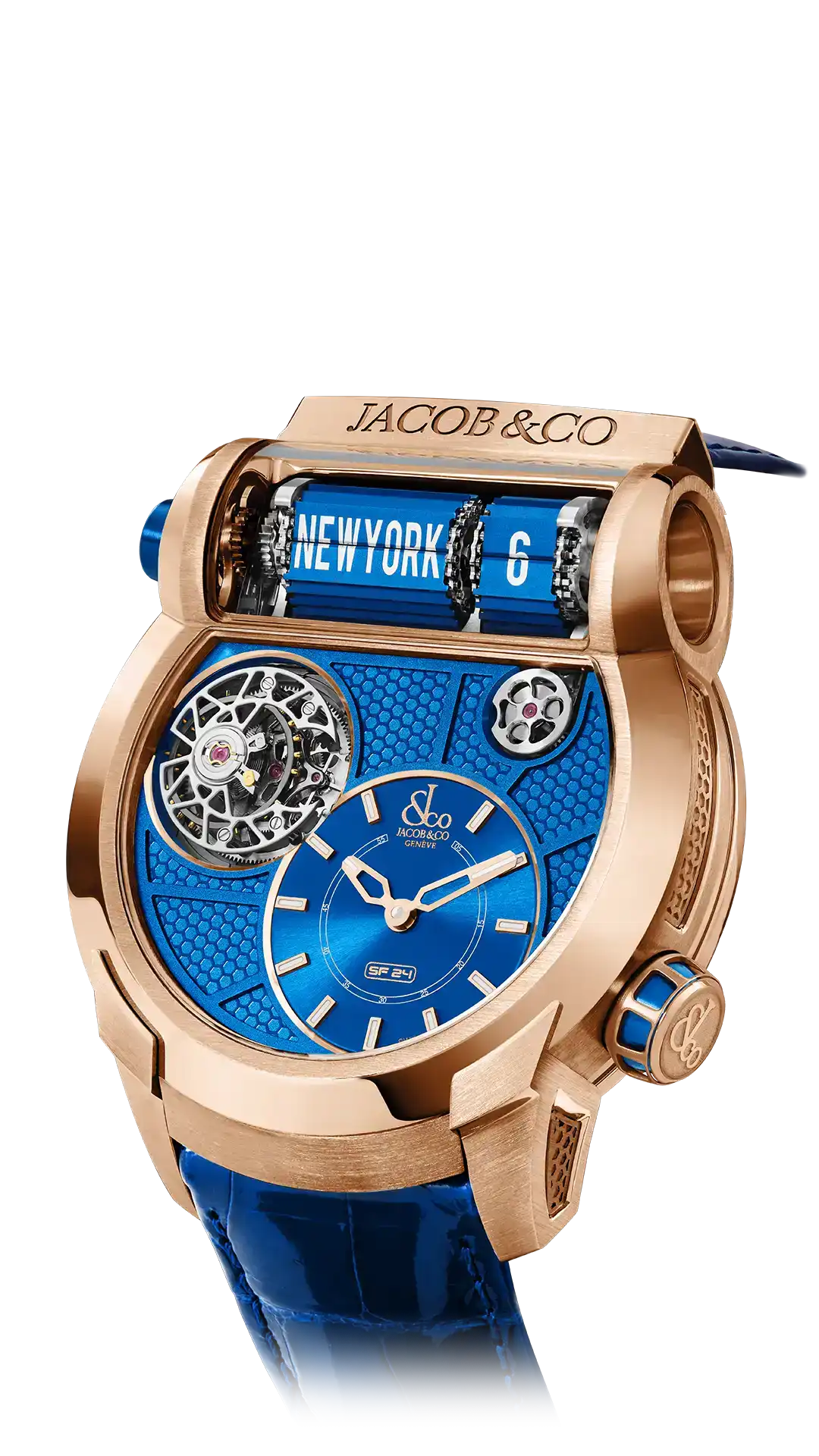 Epic SF24 Tourbillon | Rose Gold Blue PVD Grid Dial Jacob & Co.