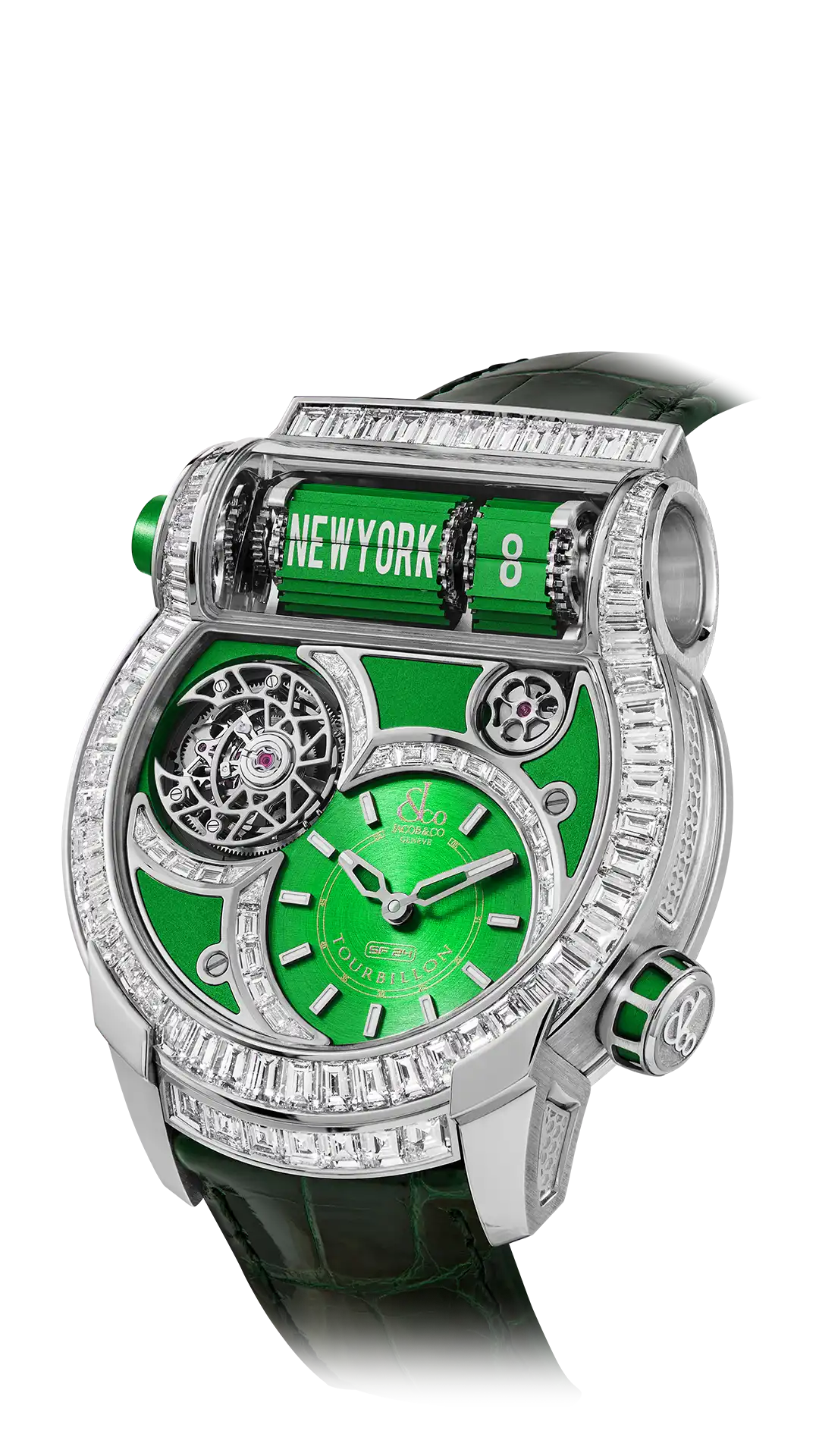 Epic SF24 Tourbillon Baguette | White Gold Green Dial Jacob & Co.