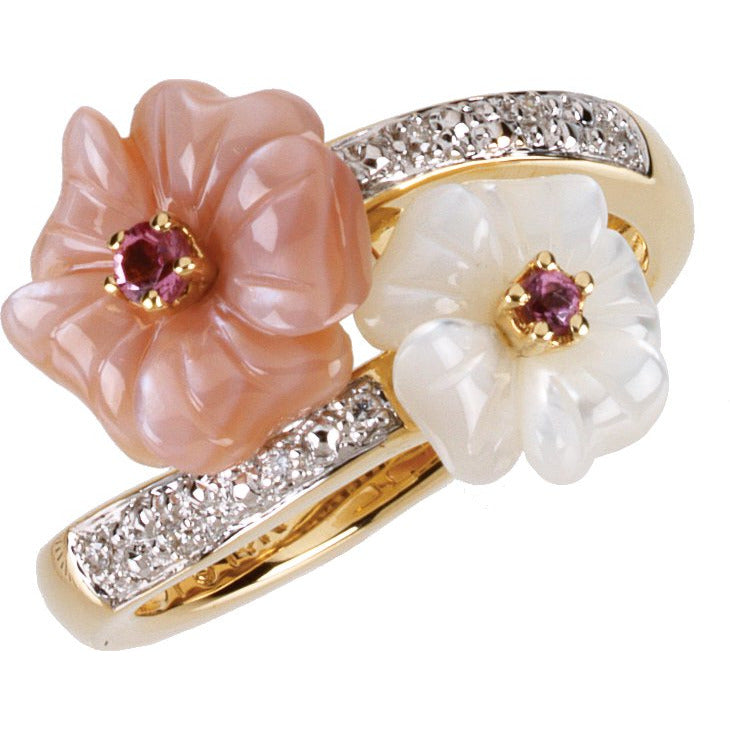 14K Yellow Pink Tourmaline, Mother Of Pearl & .04 CTW Diamond Ring