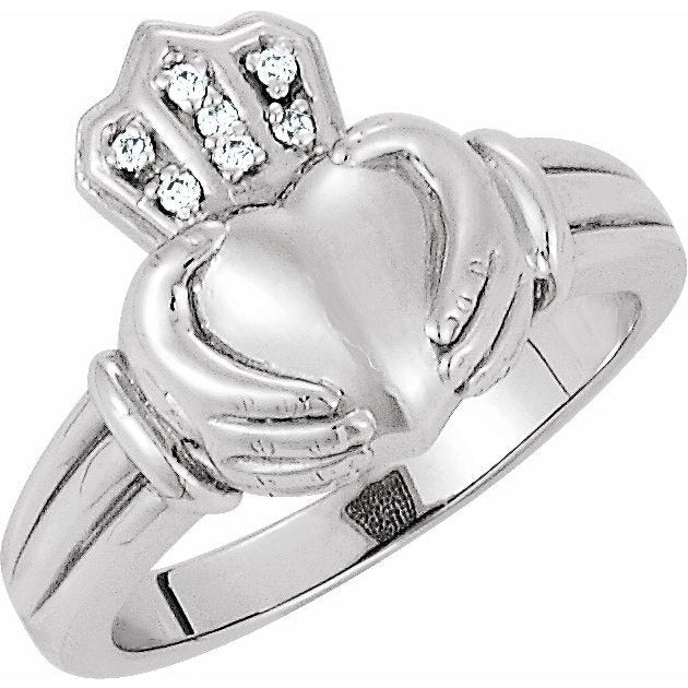 14K White Men's .03 CTW Diamond Claddagh Ring
