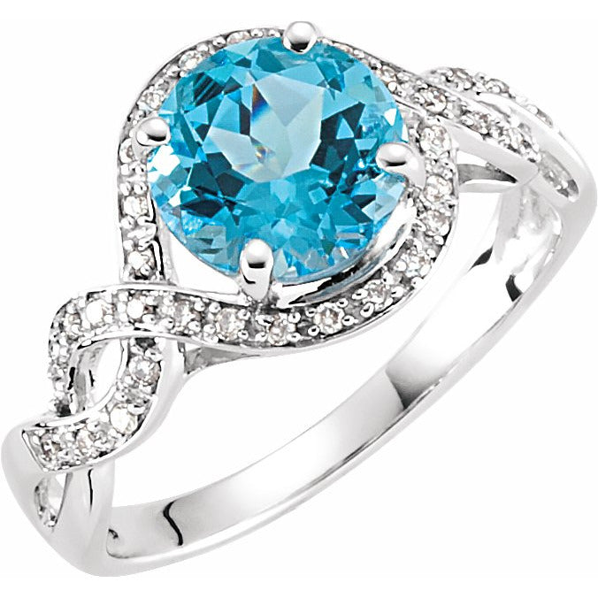 14K White Swiss Blue Topaz & 1/6 CTW Diamond Ring