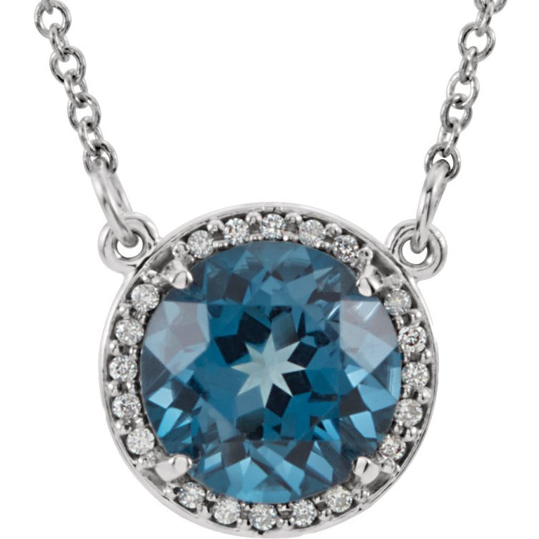 14K White 8 mm Round London Blue Topaz & .05 CTW Diamond 16 Necklace