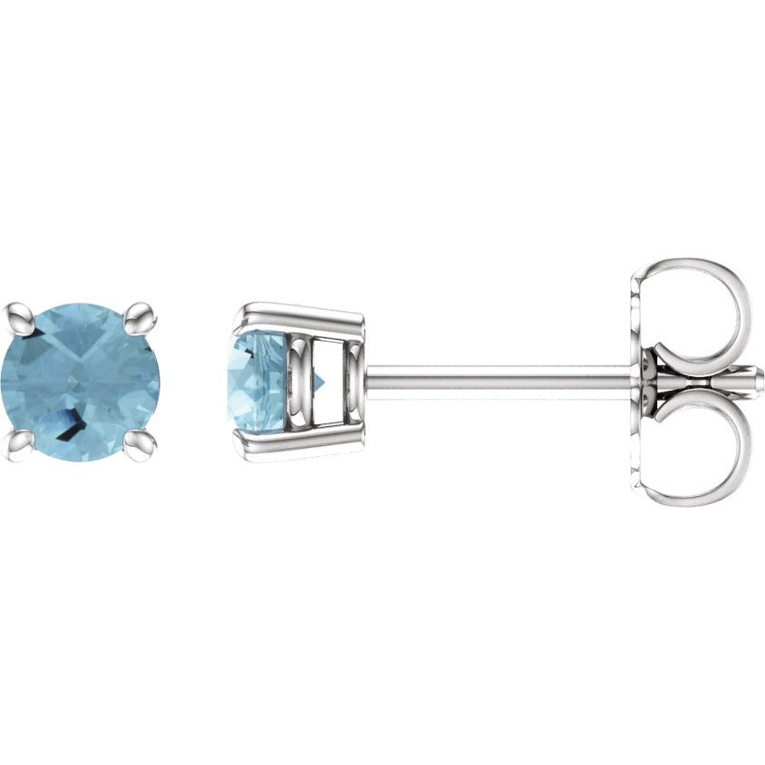14K White 4 mm Round Aquamarine Earrings