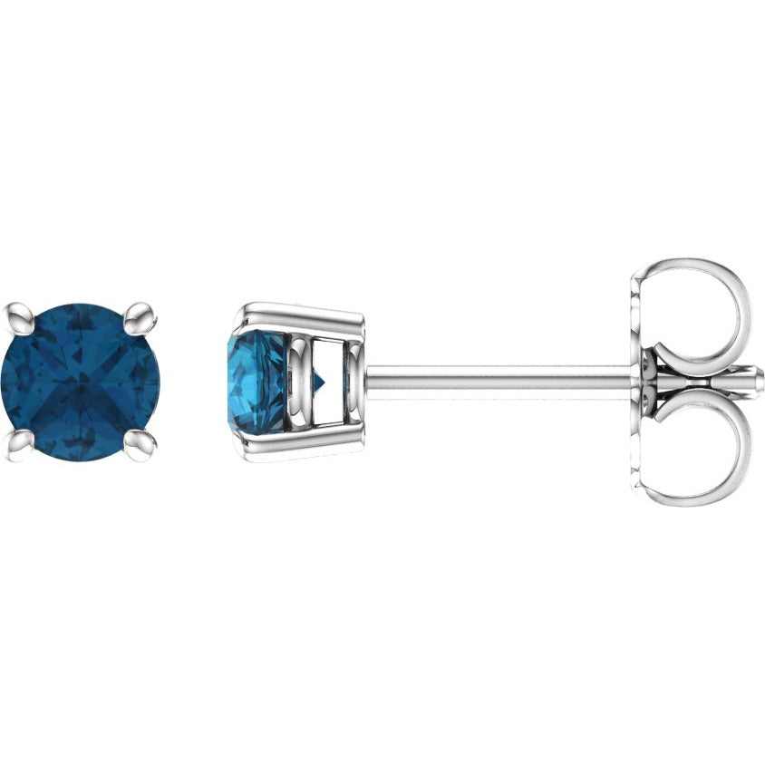 14K White 4 mm Round London Blue Topaz Earrings