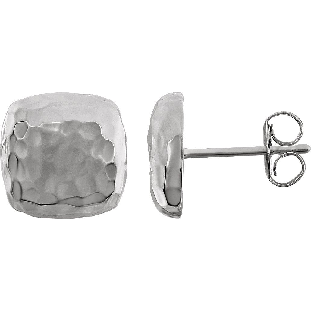 14K White Hammered Square Earrings