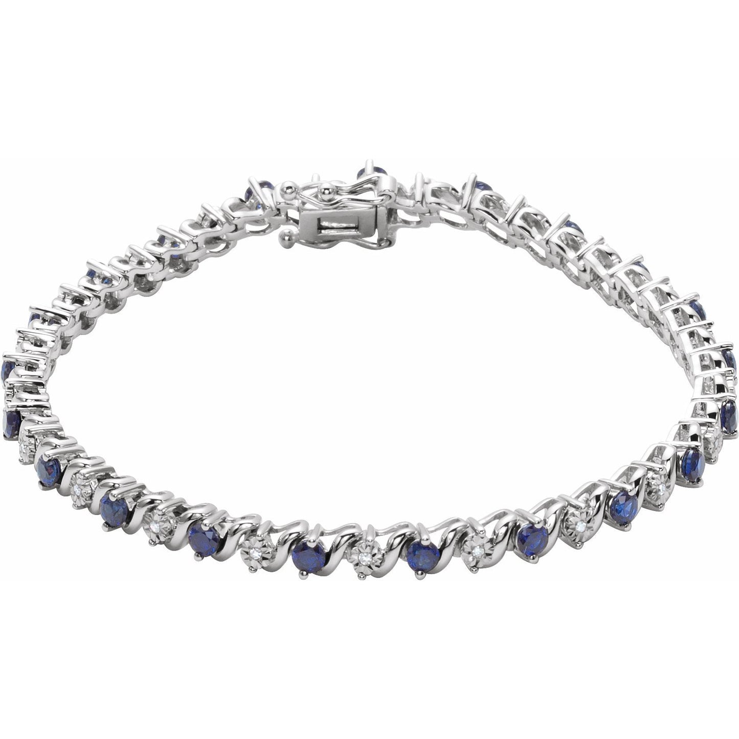 14K White Lab-Grown Blue Sapphire & 1/10 CTW Diamond Line 7 Bracelet