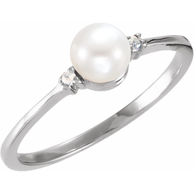 14K White Freshwater Cultured Pearl & .025 CTW Diamond Ring