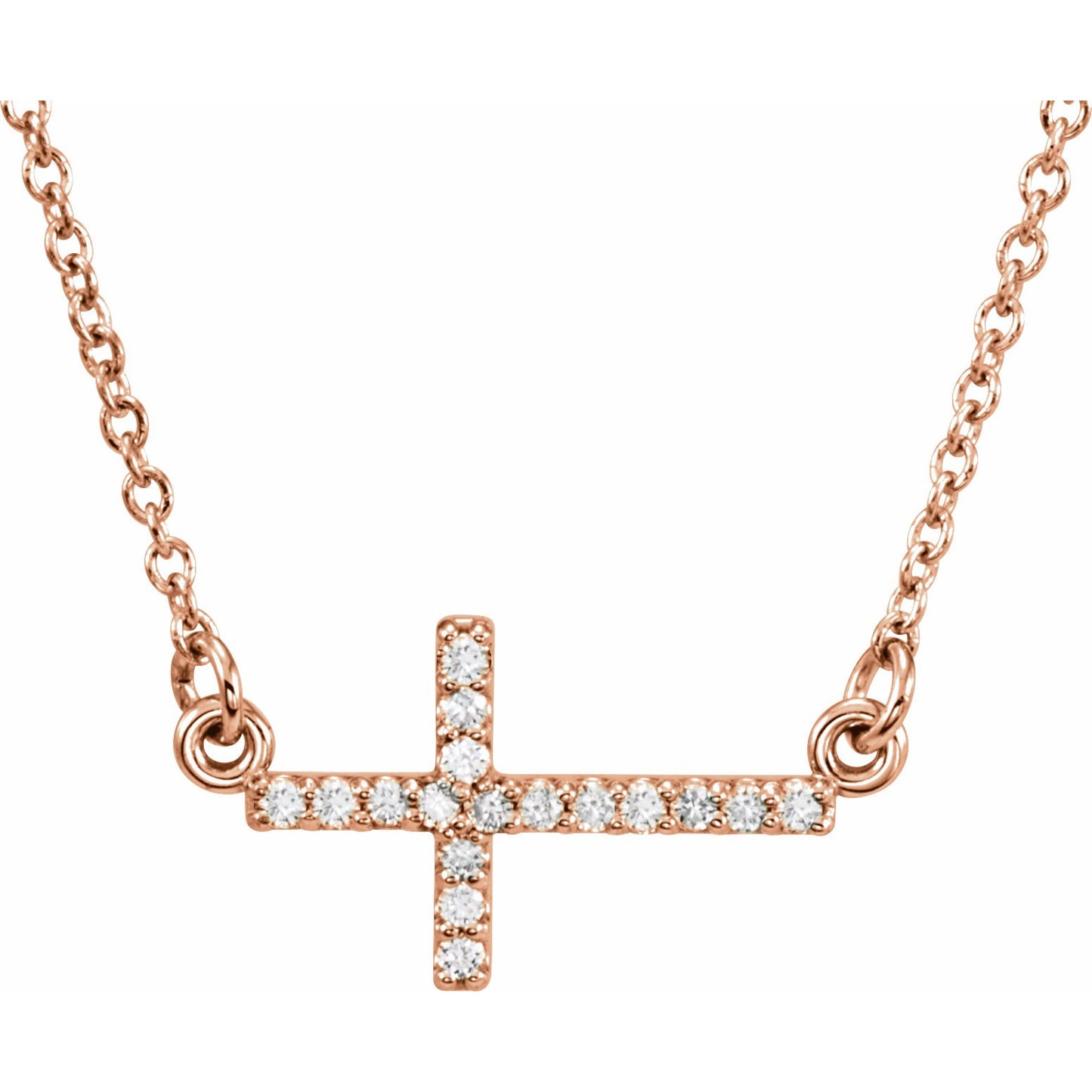 14K Rose .07 CTW Diamond Sideways Cross 16-18 Necklace