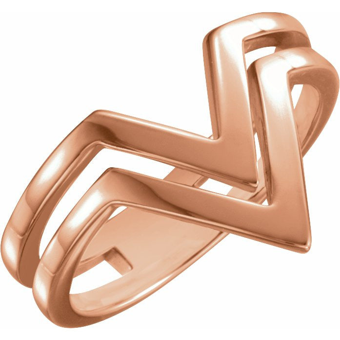 14K Rose Double Row V Ring