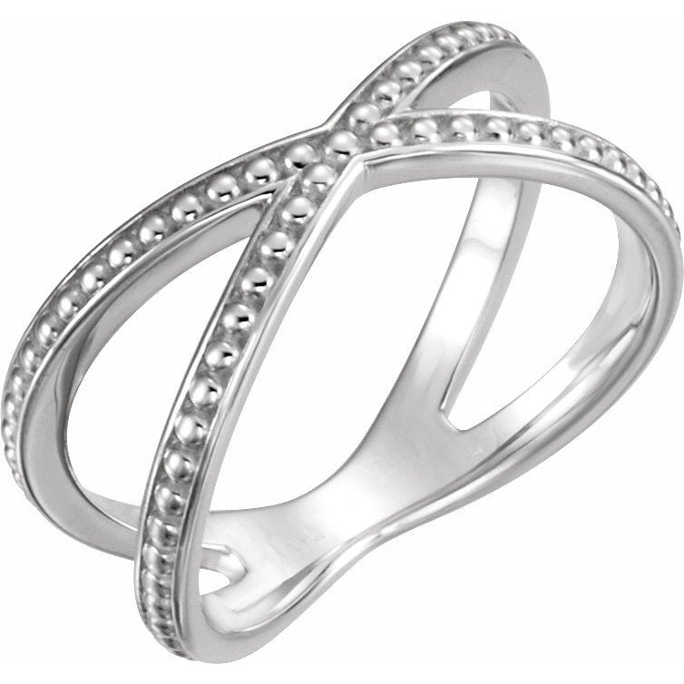 14K White Beaded Criss-Cross Ring