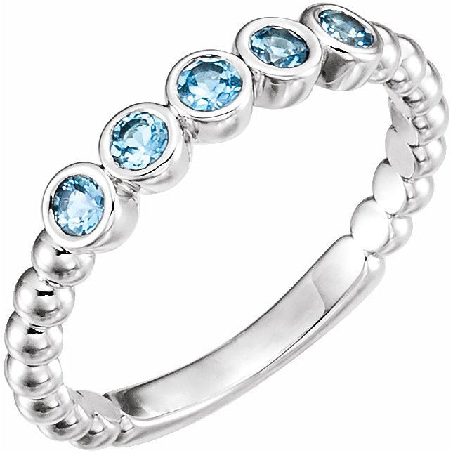 14K White Aquamarine Bezel-Set Beaded Ring