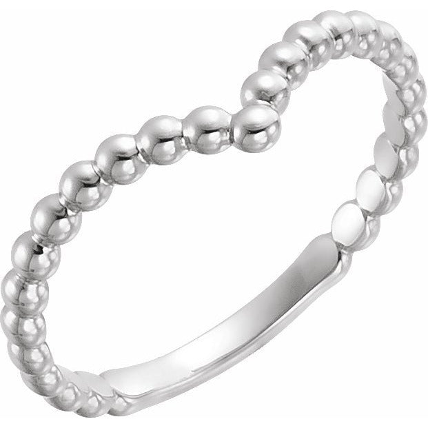14K White Beaded V Ring