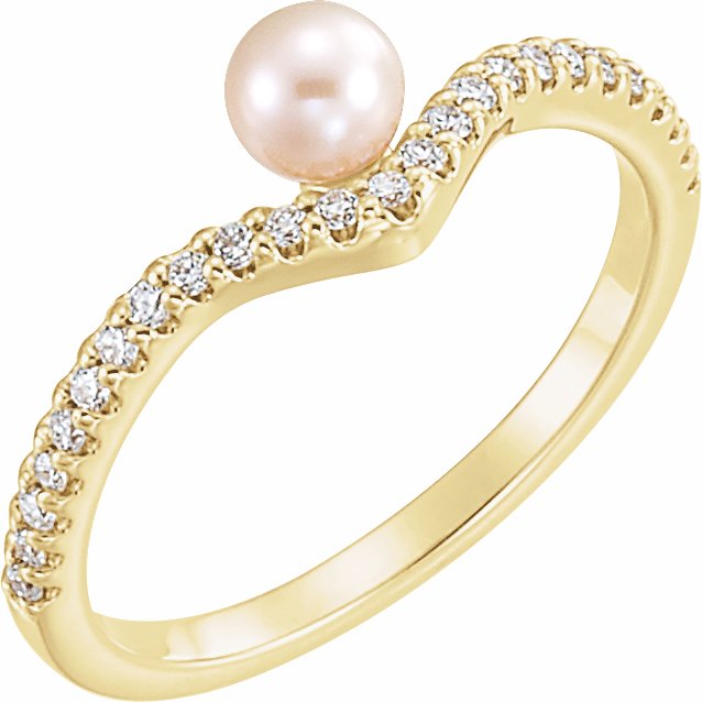14K Yellow Freshwater Cultured Pearl & 1/5 CTW Diamond V Ring