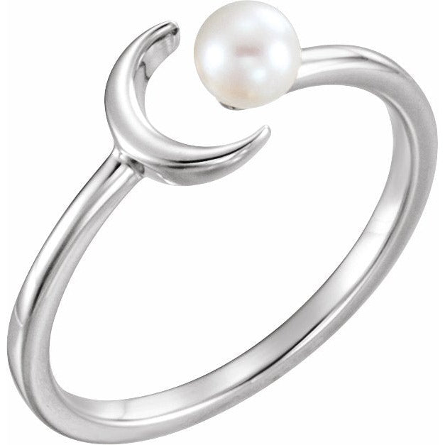 14K White Cultured Freshwater Pearl Crescent Moon Ring