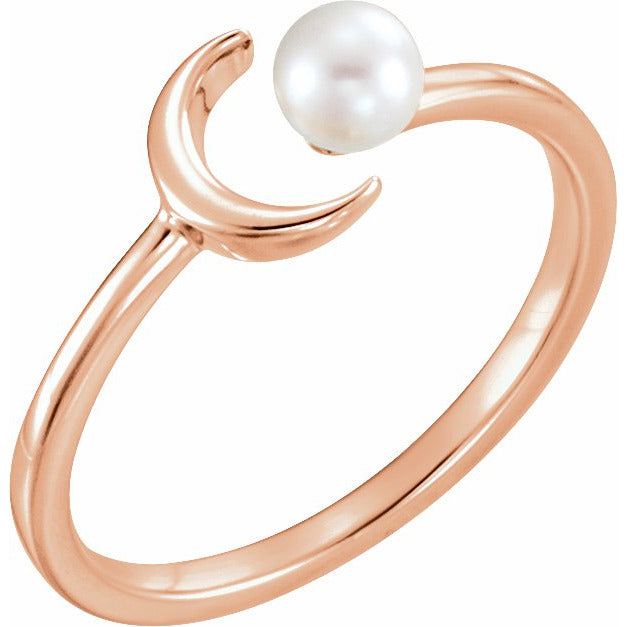 14K Rose Cultured Freshwater Pearl Crescent Moon Ring