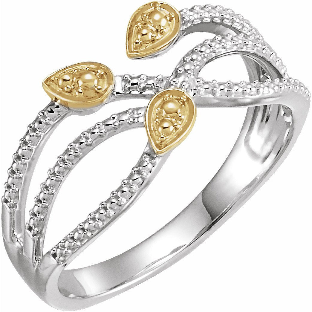 14K White & Yellow Criss-Cross Leaf Ring