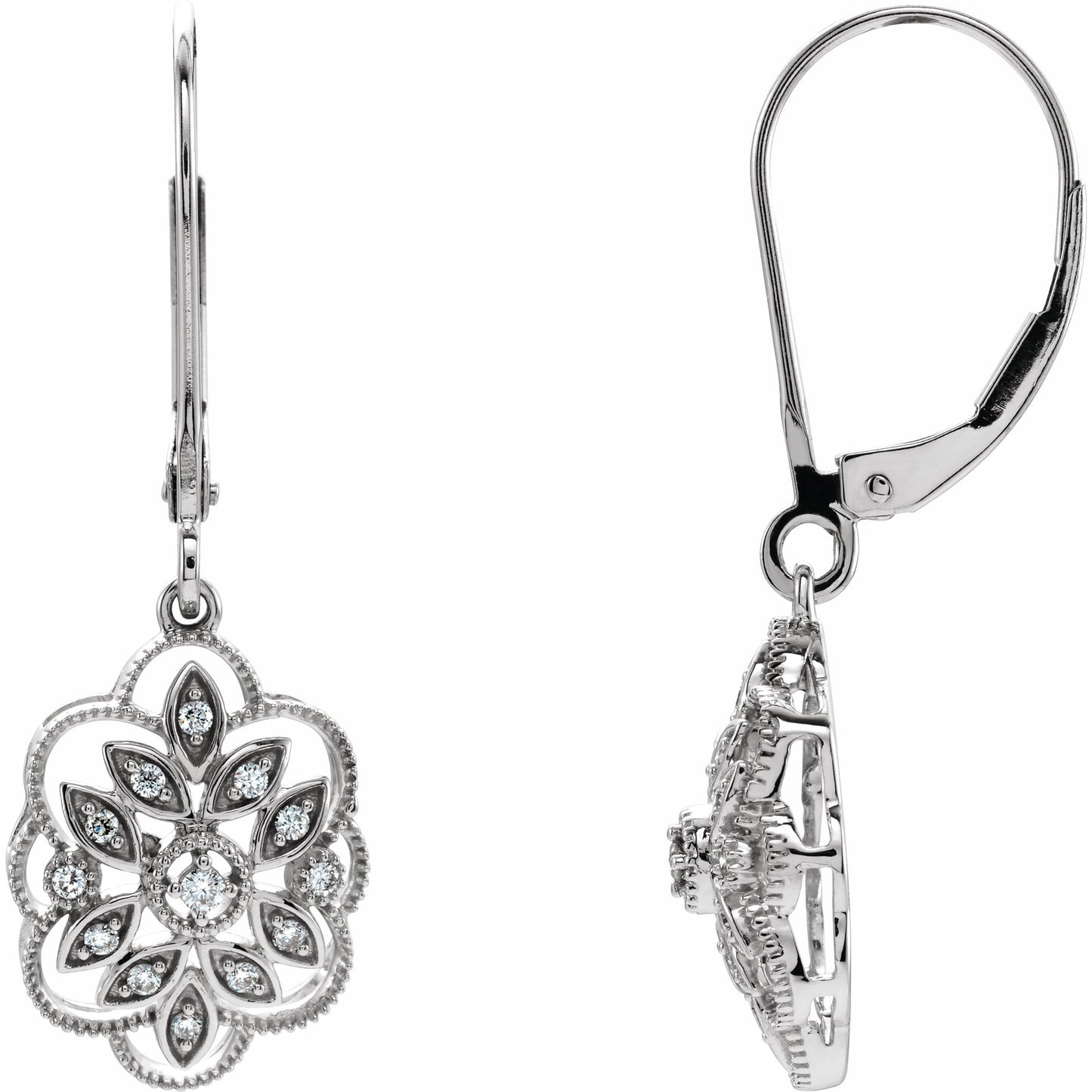 14K White 1/6 CTW Diamond Granulated Filigree Earrings