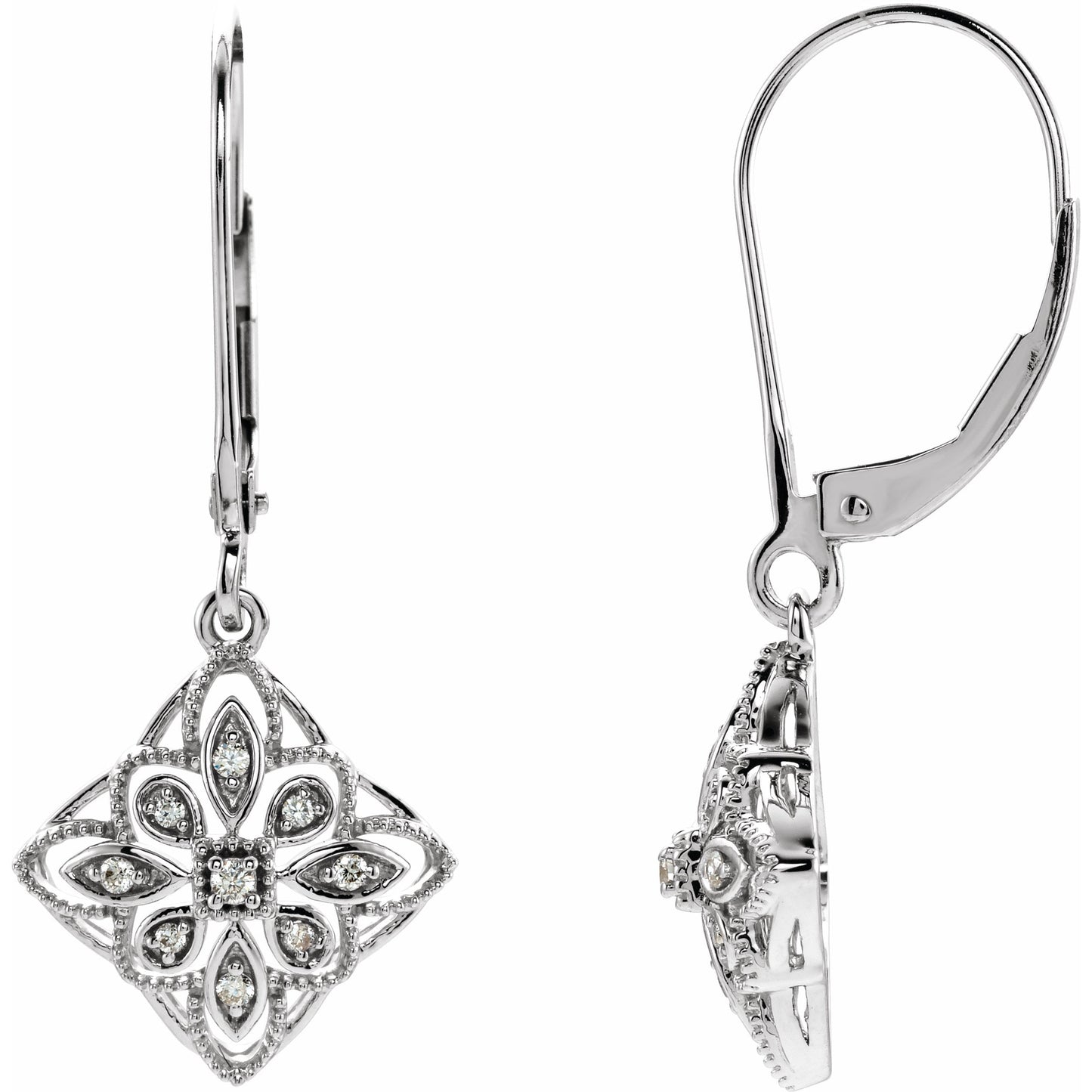 14K White 1/10 CTW Diamond Granulated Filigree Earrings