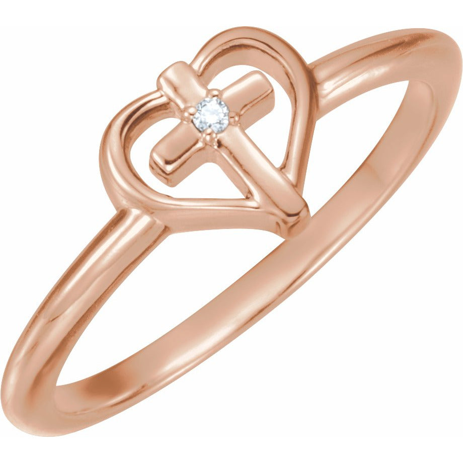 14K Rose .01 CT Diamond Cross with Heart Ring