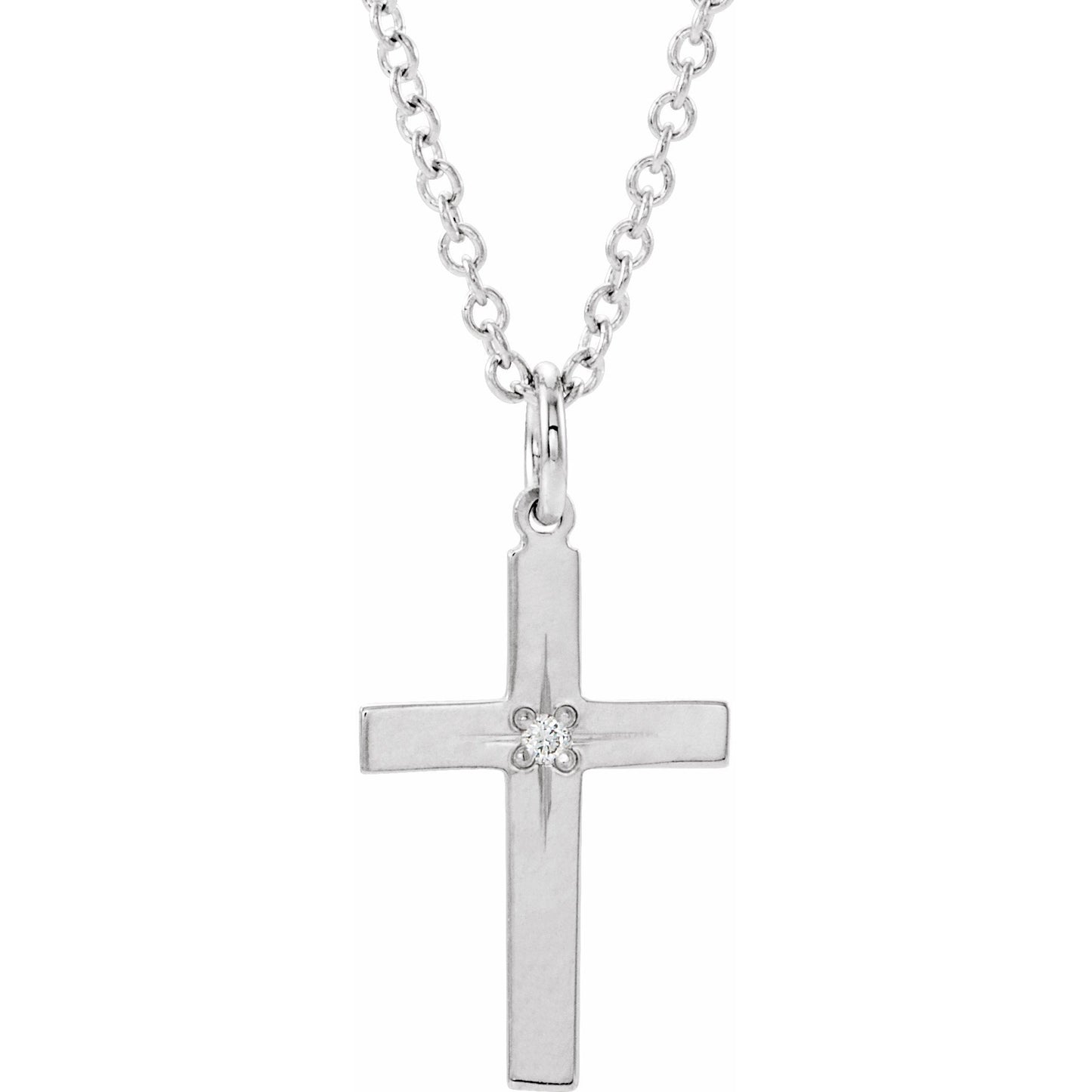 14K White .0075 CT Diamond Youth Cross 15 Necklace