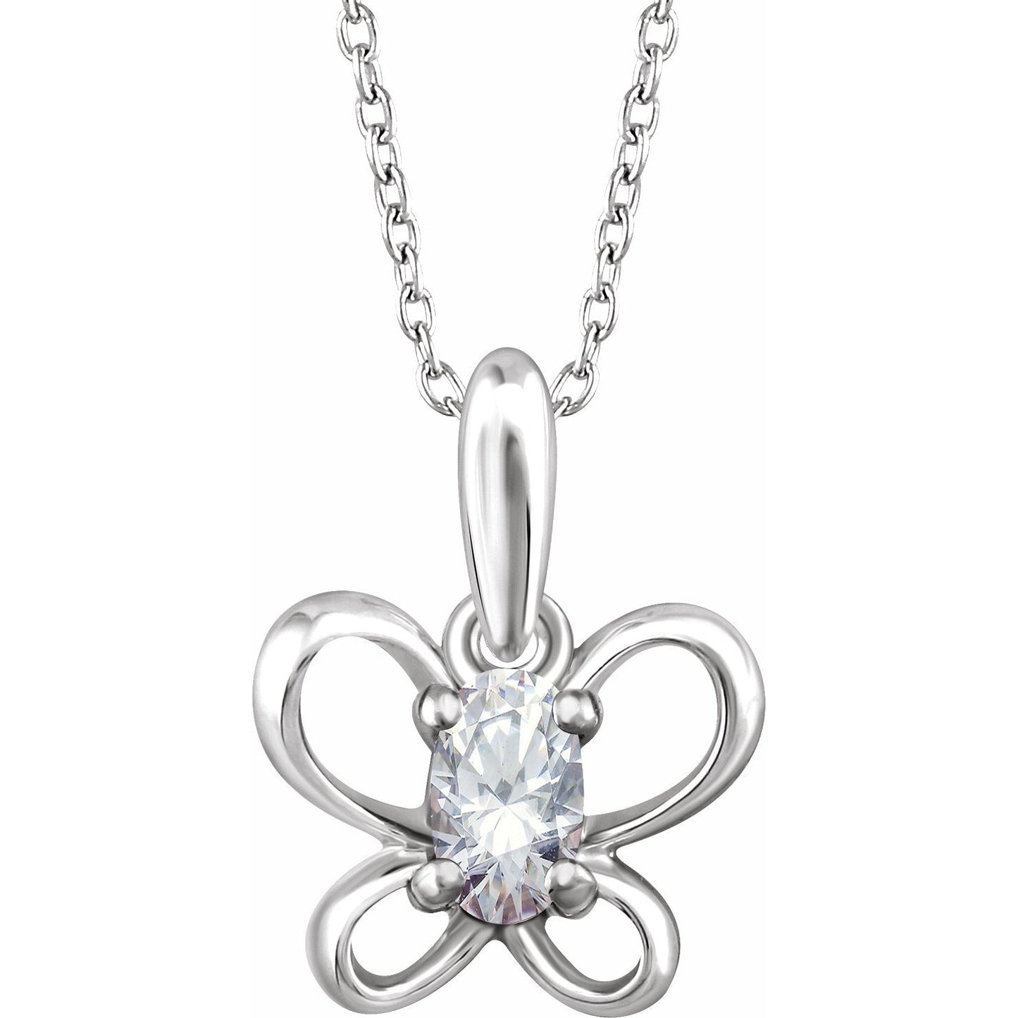 14K White 4x3 mm Oval April Youth Butterfly Birthstone 15 Necklace
