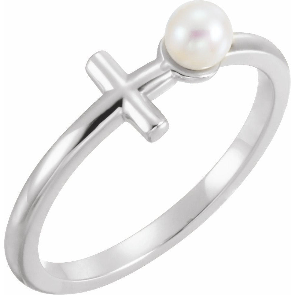 14K White Freshwater Cultured Pearl Sideways Cross Ring