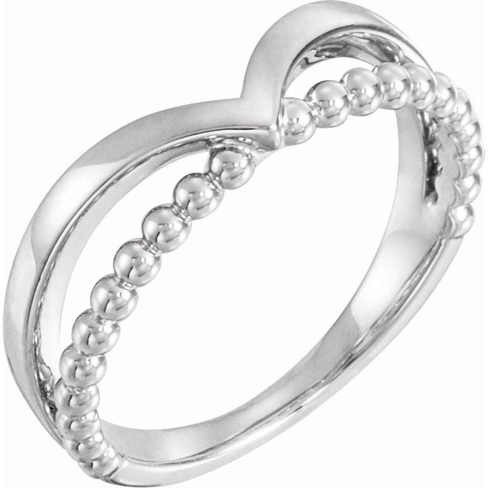 14K White Negative Space Beaded V Ring