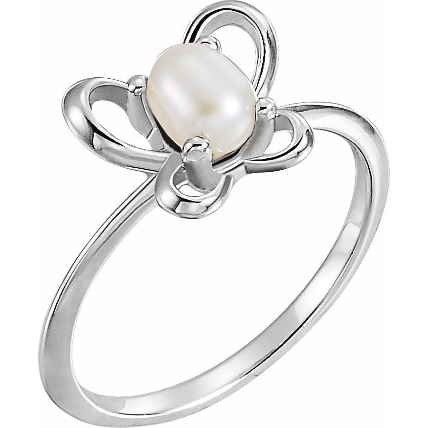 14K White 4x3 mm Pearl June Youth Butterfly Birthstone Ring