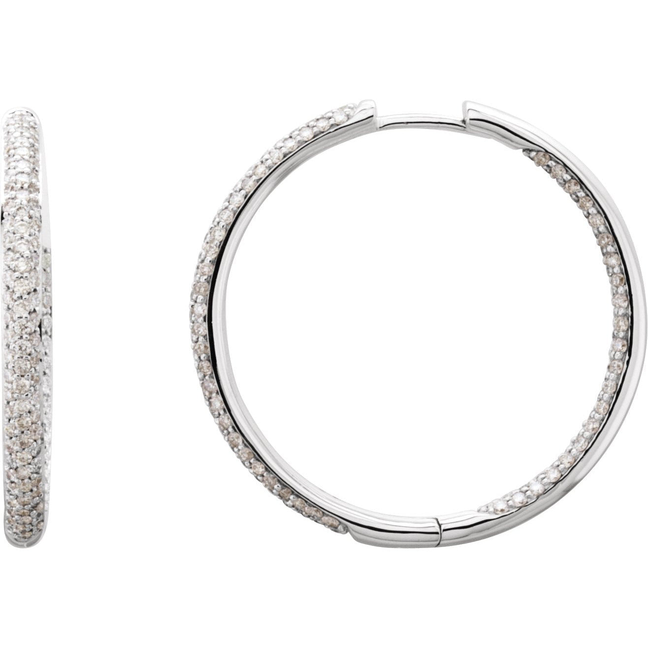 18K White 1 1/2 CTW Diamond Inside-Outside Hinged 28 mm Hoop Earrings