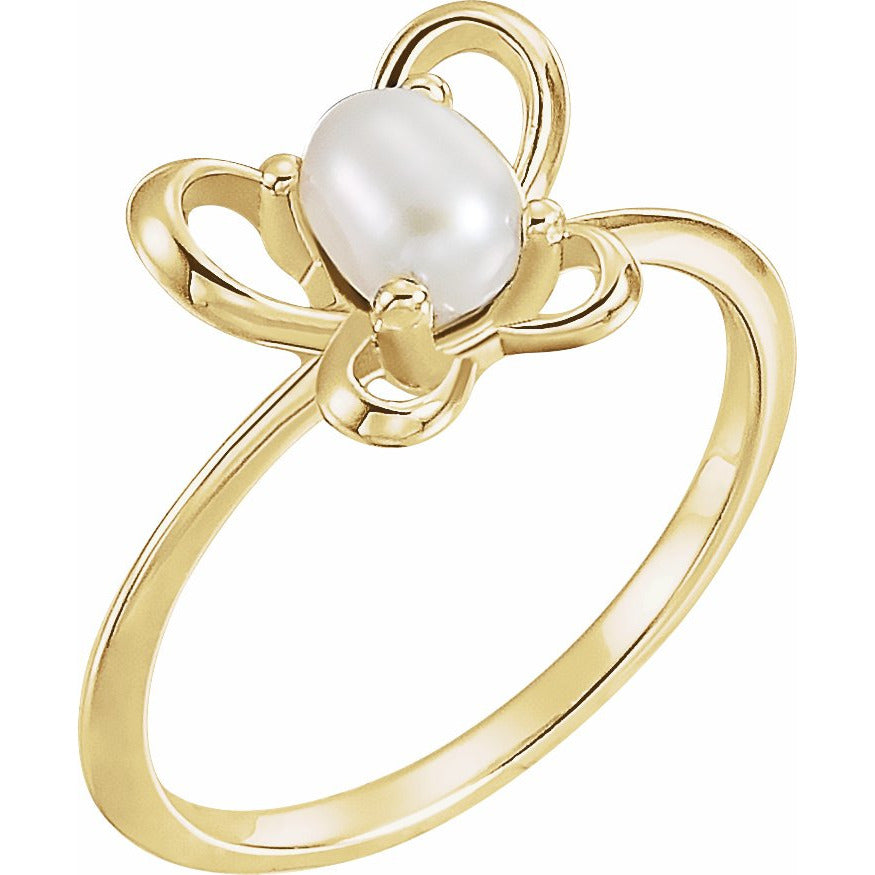 14K Yellow 4x3 mm Pearl June Youth Butterfly Birthstone Ring