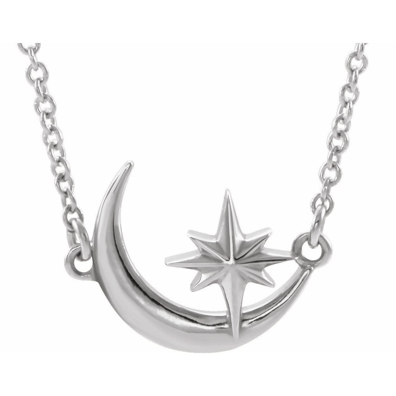 14K White Crescent Moon & Star 16-18 Necklace