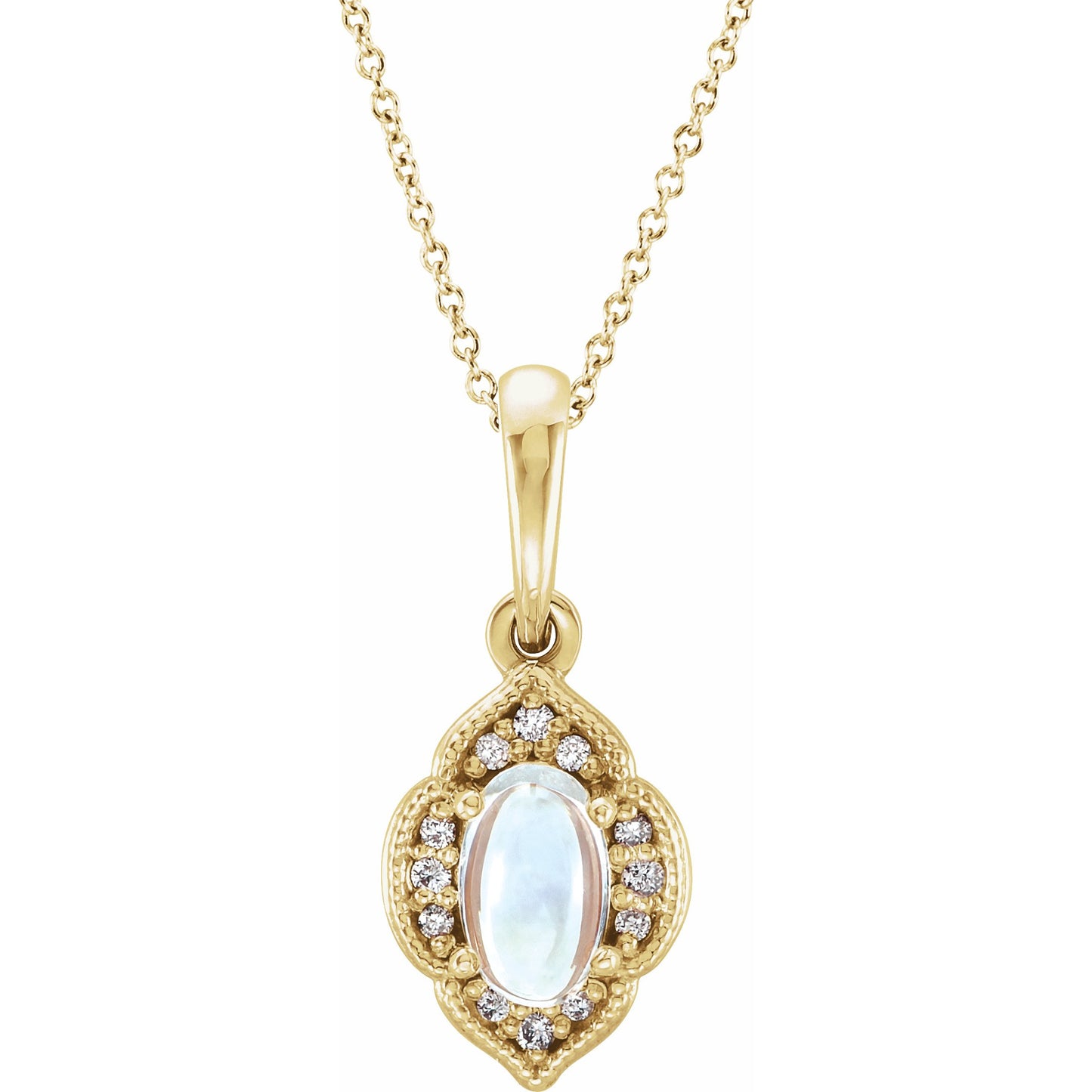 14K Yellow Rainbow Moonstone & .03 CTW Diamond Clover 16-18 Necklace