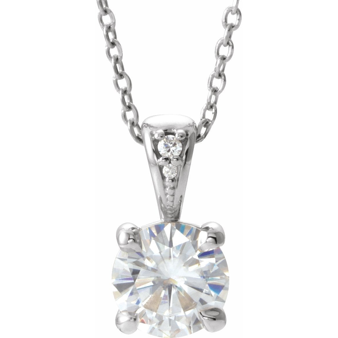 14K White 6.5 mm Round Forever Oneu2122 Moissanite & .01 CTW Diamond 16-18 Necklace