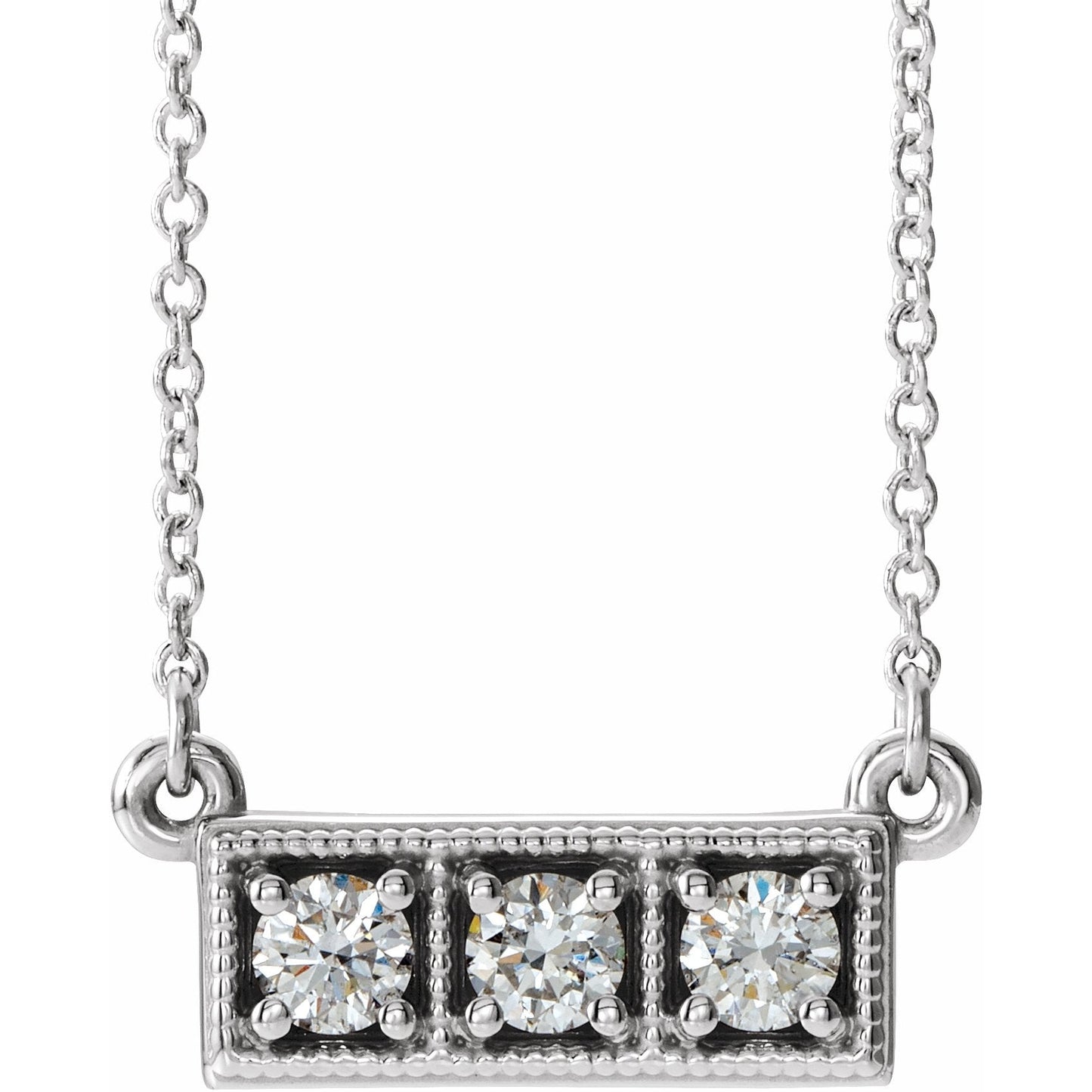 14K White 1/3 CTW Diamond Three-Stone Granulated Bar 16-18 Necklace