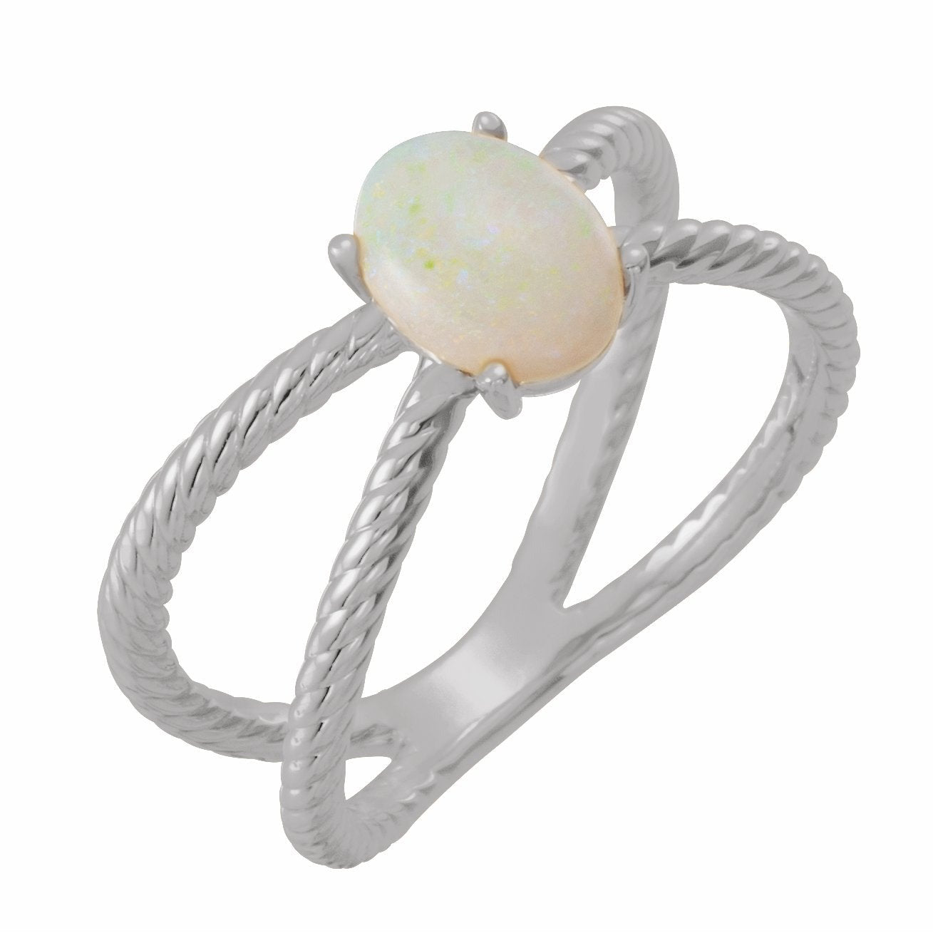 14K White 8x6 mm Opal Criss-Cross Rope Ring