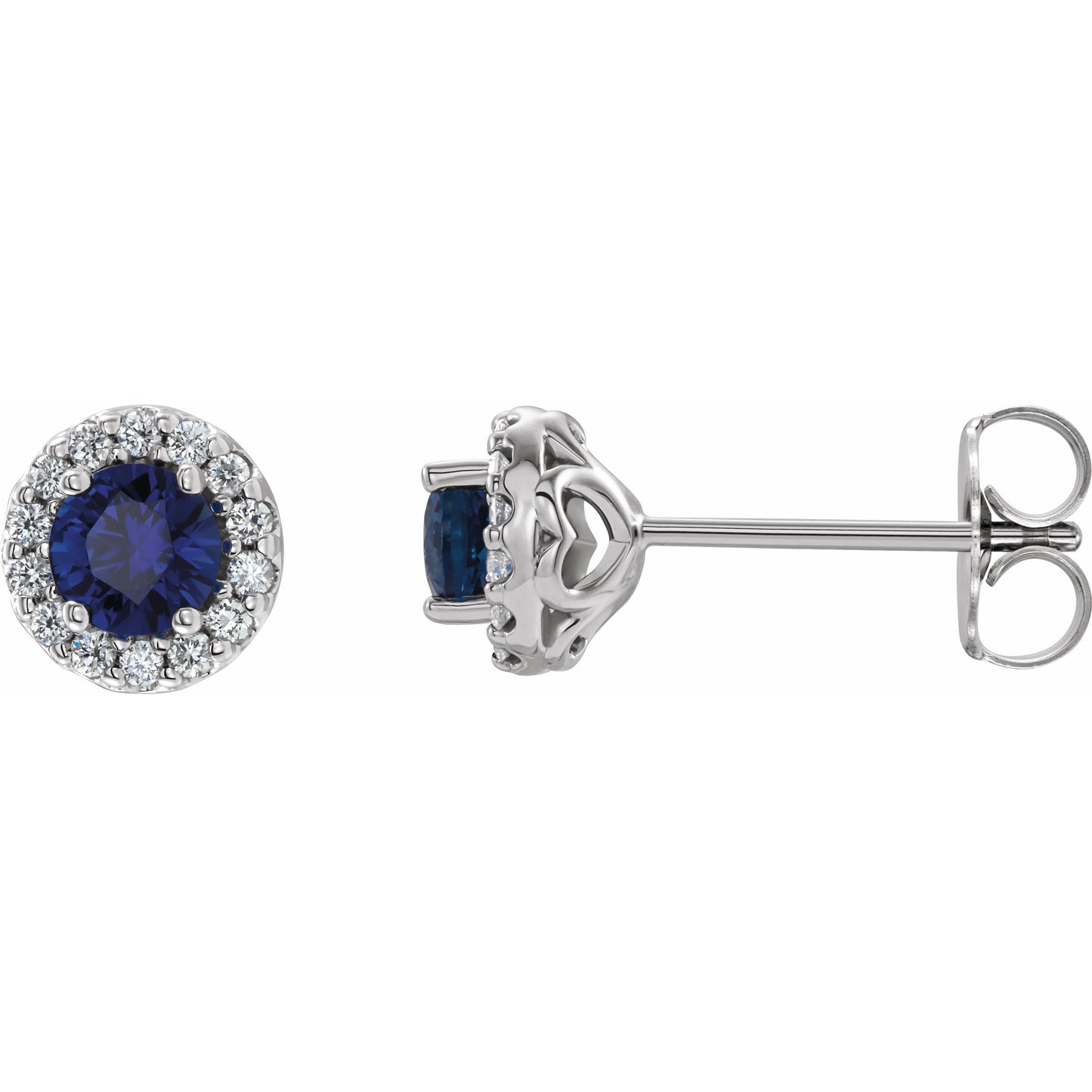 14K White 4 mm Round Blue Sapphire & 1/8 Diamond Earrings
