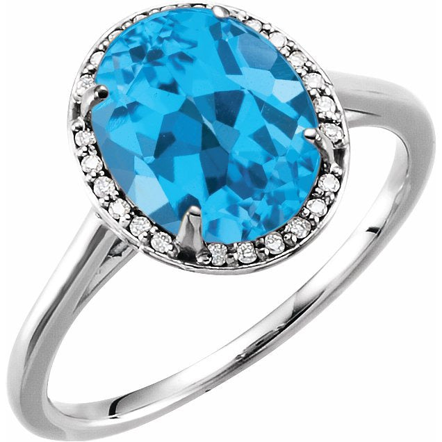 14K White 10x8 mm Oval Swiss Blue Topaz & .06 CTW Diamond Ring