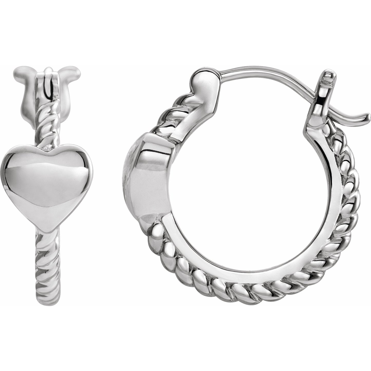 14K White 14 mm Heart Rope Hoop Earrings