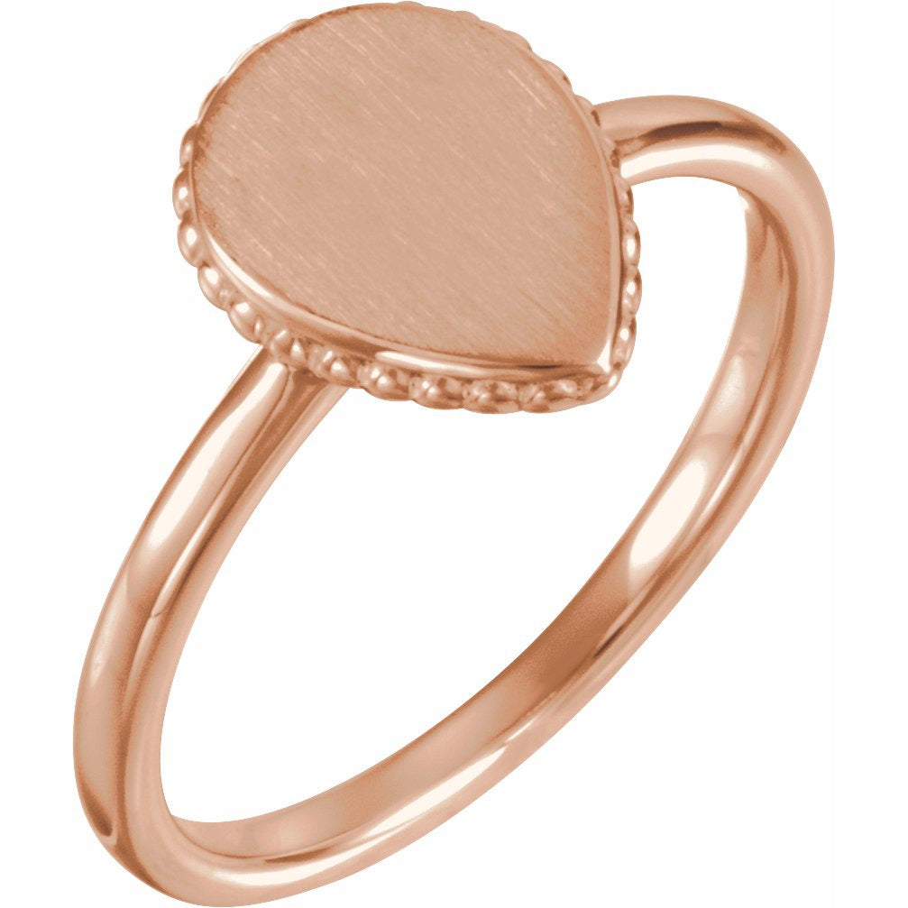 14K Rose 12x9 mm Teardrop Beaded Signet Ring