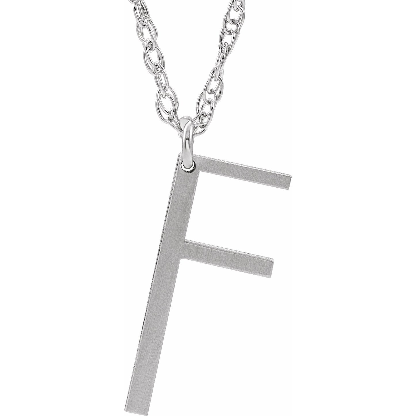 14K White Block Initial F 16-18 Necklace with Brush Finish