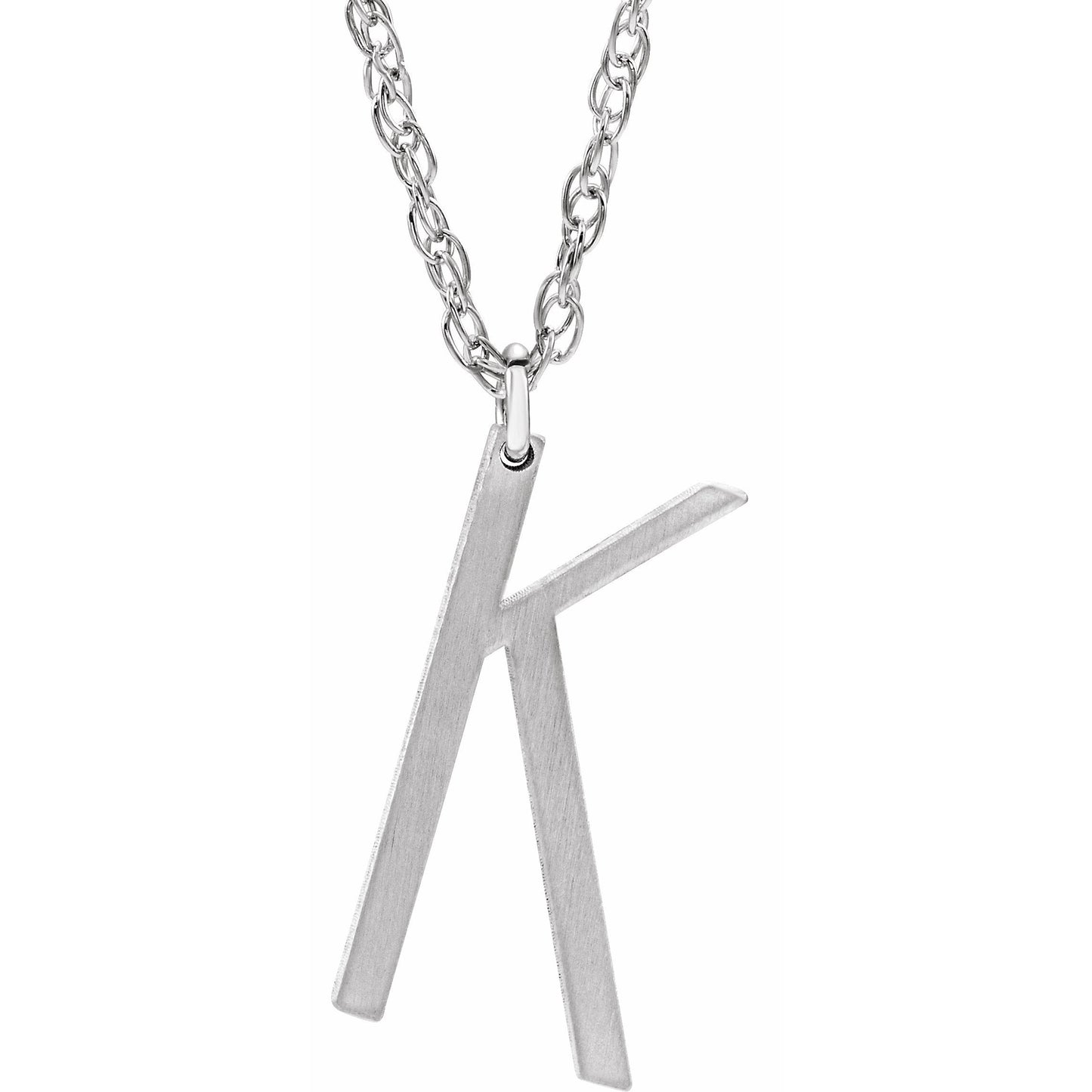 14K White Block Initial K 16-18 Necklace with Brush Finish