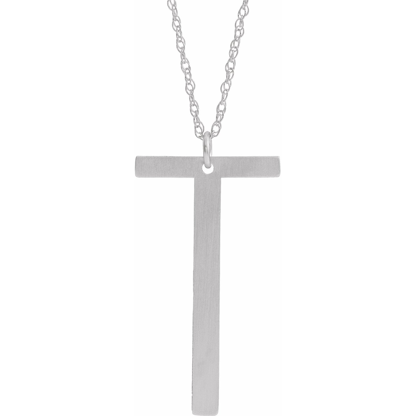 14K White Block Initial T 16-18 Necklace with Brush Finish