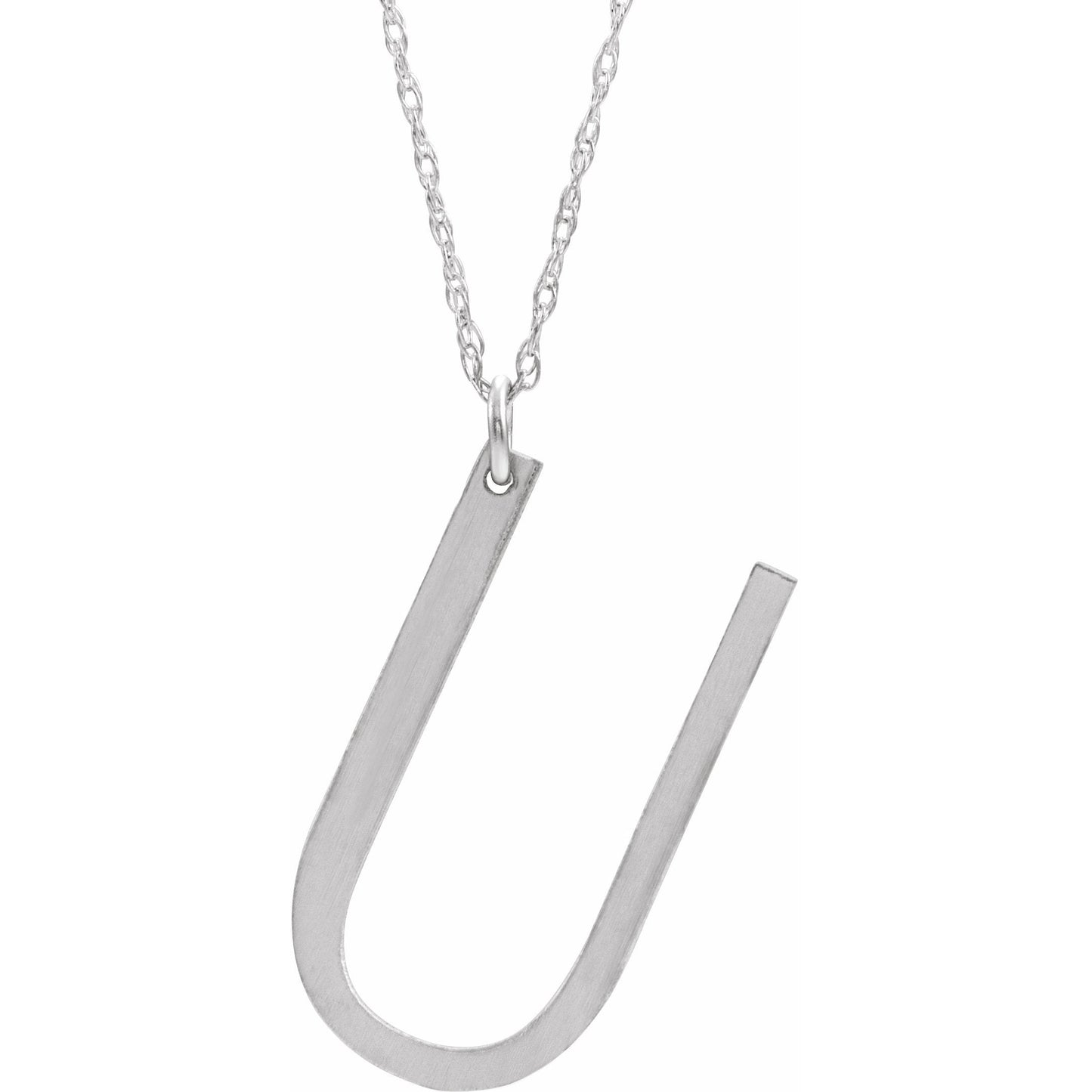 14K White Block Initial U 16-18 Necklace with Brush Finish