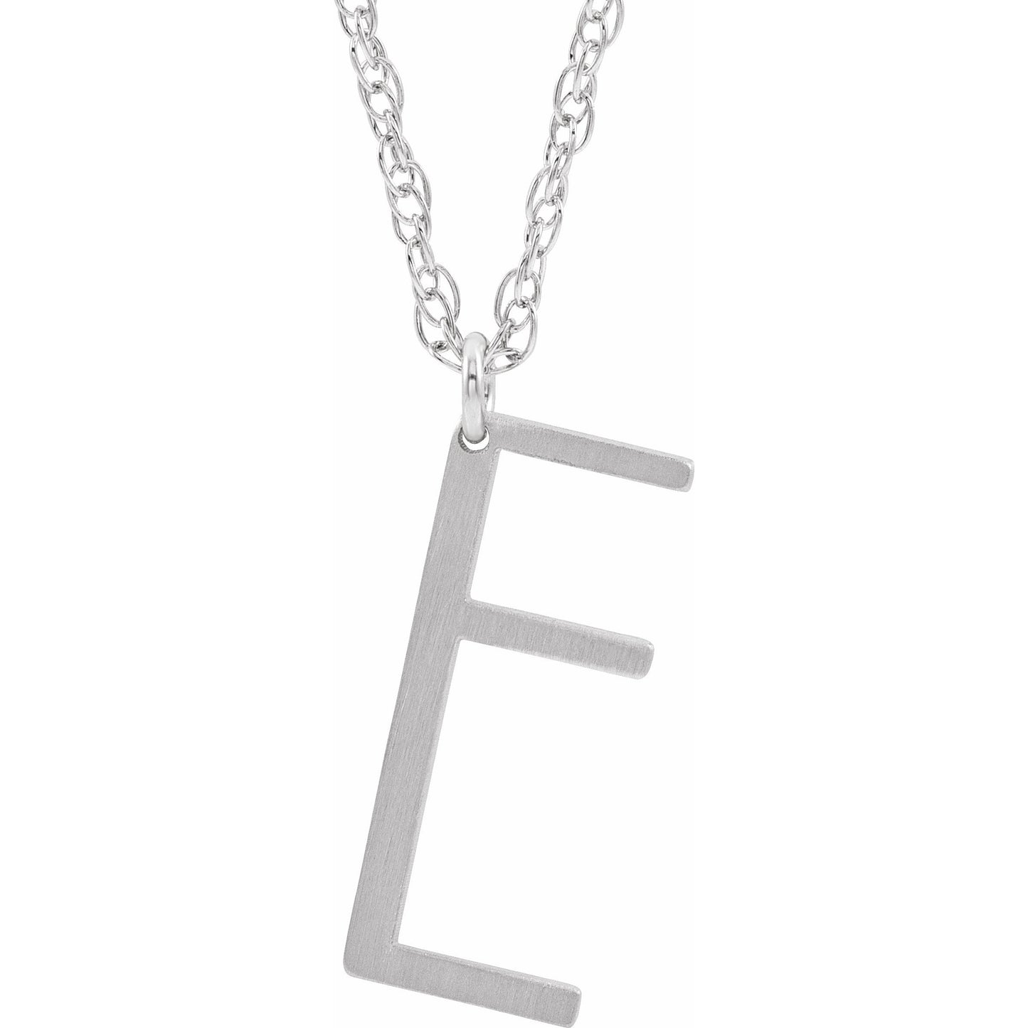 14K White Block Initial E 16-18 Necklace with Brush Finish