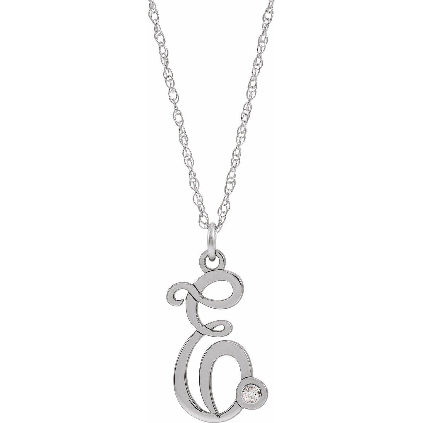 14K White .02 CT Diamond Script Initial E 16-18 Necklace