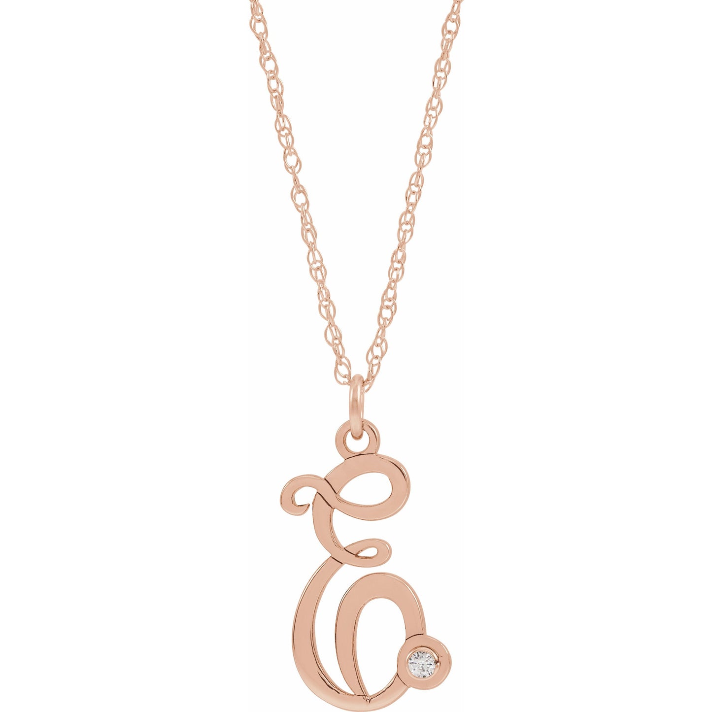 14K Rose .02 CT Diamond Script Initial E 16-18 Necklace
