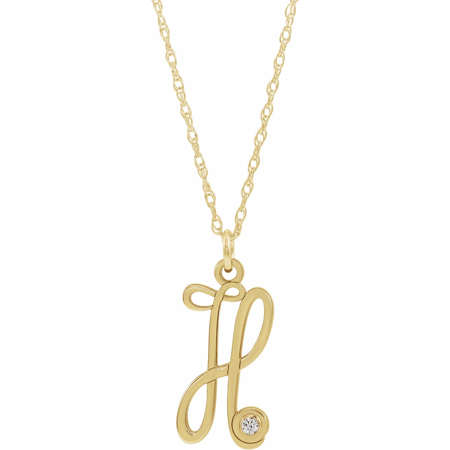 14K Yellow .02 CT Diamond Script Initial H 16-18 Necklace